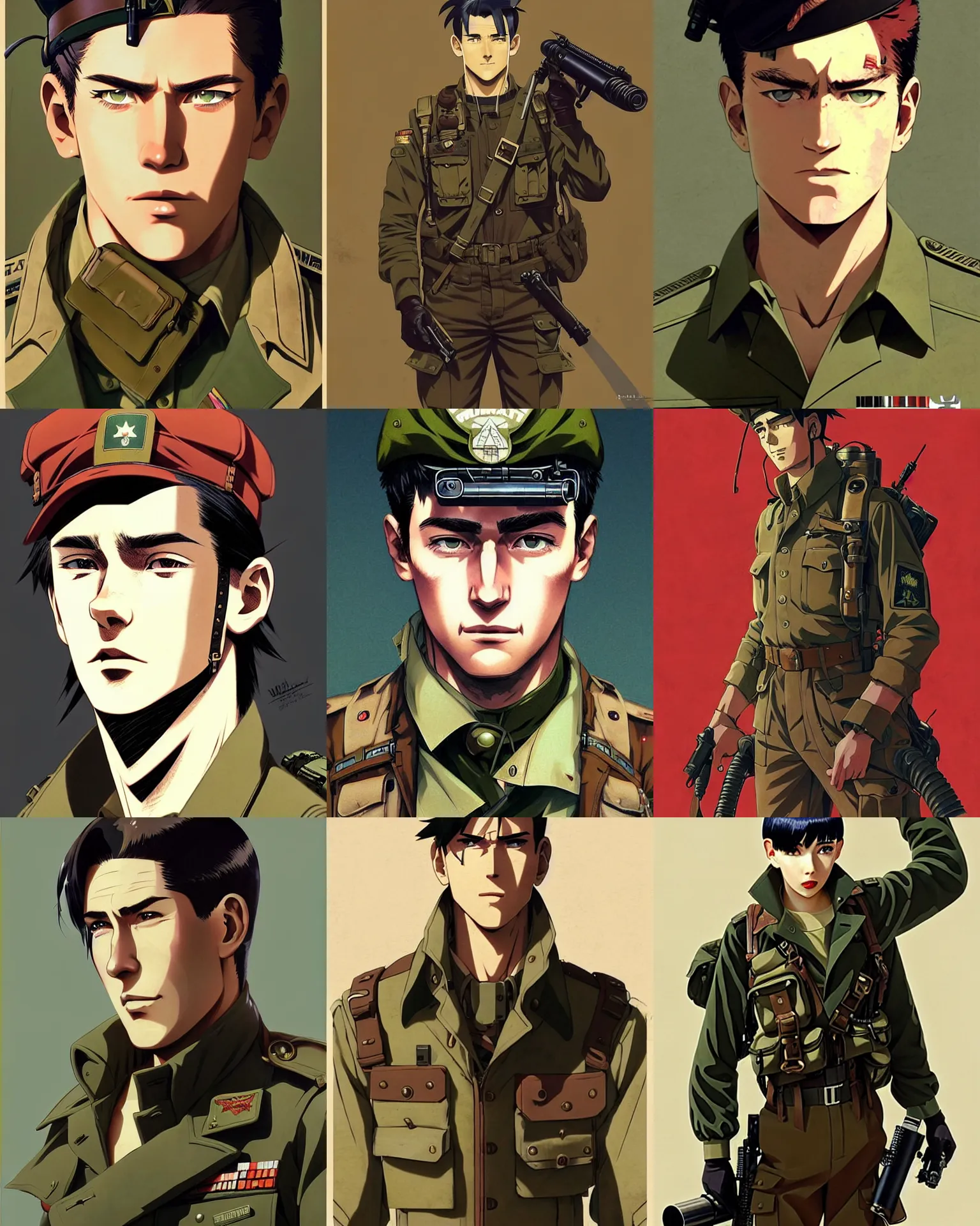 Prompt: A young, ruggedly handsome dieselpunk man in military fatigues || VERY VERY ANIME!!!, fine-face, pretty face, realistic shaded Perfect face, fine details. Anime. realistic shaded lighting poster by Ilya Kuvshinov katsuhiro otomo ghost-in-the-shell, magali villeneuve, artgerm, Jeremy Lipkin and Michael Garmash and Rob Rey
