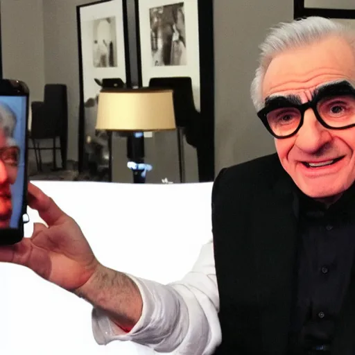 Prompt: martin scorsese enjoying my short film on his iphone