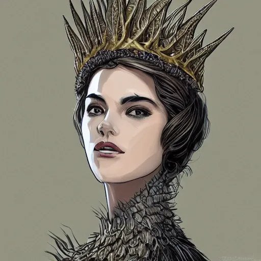 Image similar to , a woman with a golden crown shaped like the wings of a crow, she wears clothes made of feathers through which smoke and fog goes, intricate, elegant, highly detailed, digital painting, artstation, concept art, smooth, sharp focus, illustration, art by Terry Moore