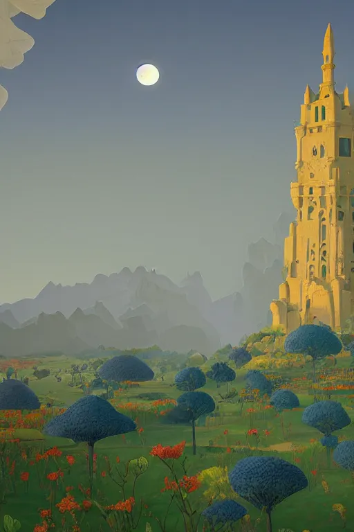 Image similar to distance view of the painted tower of the moon in its gardens fairytale illustration, tall windows, beautiful moorish tiles, dramatic cinematic lighting, rich colors, golden age illustration, by Sylvain Sarrailh and Nicholas Roerich and jean delville and Tyler Edlin and William Dyce and April Gornik ,unreal engine