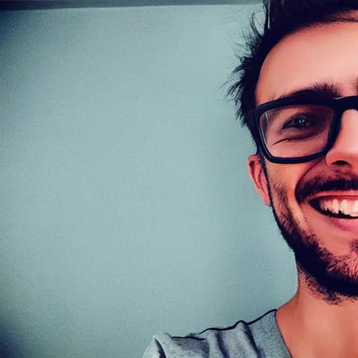 Prompt: happy man takes an instagram selfie using the front camera of an iphone 12 pro max highly detailed 4k quality