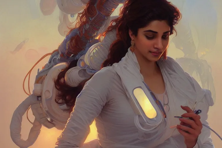 Prompt: Sensual good looking pale young Indian doctors wearing jeans floating in a space station above Earth performing surgery, portrait, elegant, intricate, digital painting, artstation, concept art, smooth, sharp focus, illustration, art by artgerm and greg rutkowski and alphonse mucha