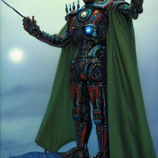 Prompt: the edge of the universe (on film), cybernetic cyborg warrior wearing a cloak , by Vladimir Kush and Donato Giancola