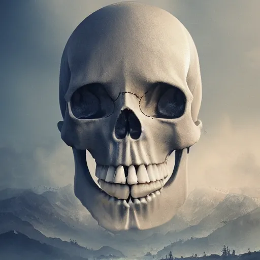 Prompt: Skull head floating in beautiful light landscape in the style of Mingchen Shen , intricate, epic lighting, cinematic composition, hyper realistic, 8k resolution,