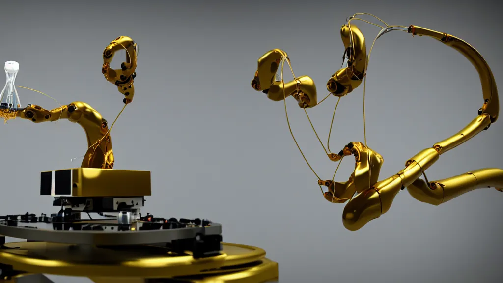 Image similar to a complex bifurcated robotic cnc surgical arm hybrid 3 d printer machine making organic ceramic kintsugi mandlebulb forms in the laboratory room, very thin gold wire, film still from the movie directed by denis villeneuve with art direction by salvador dali, wide lens, f 3 2, cinematic lighting, studio quality, smooth render, unreal engine 5 rendered, octane rendered