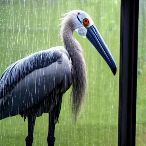 Prompt: A Sad Wet Shoebill Stork Staring in through Your Glass Sliding Door and Wanting in from the Rain