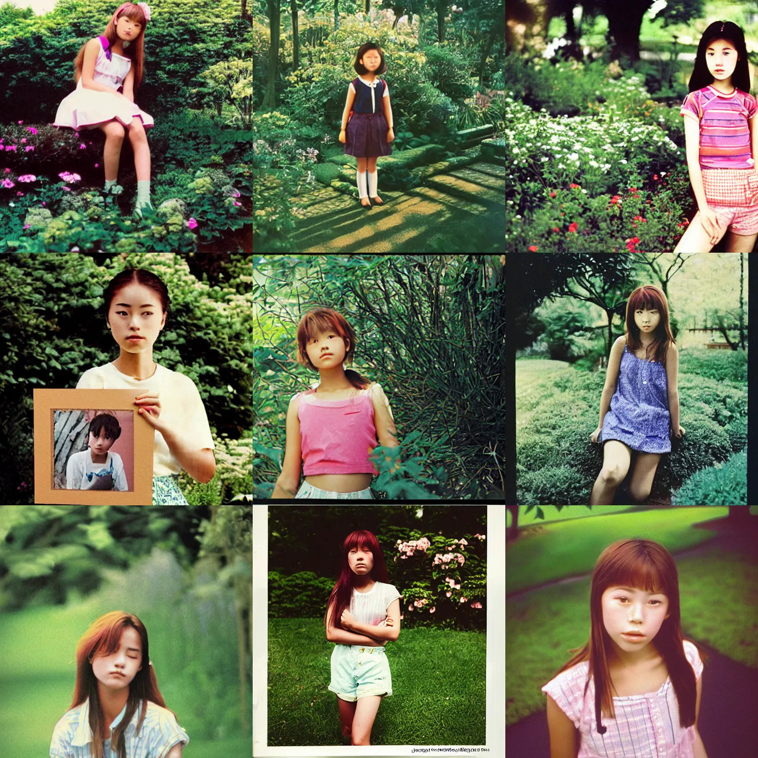 Prompt: A long-shot from front, color outdoor photograph portrait of a teen girl in the garden, summer, day lighting, 1990 photo from Japanese photograph Magazine.