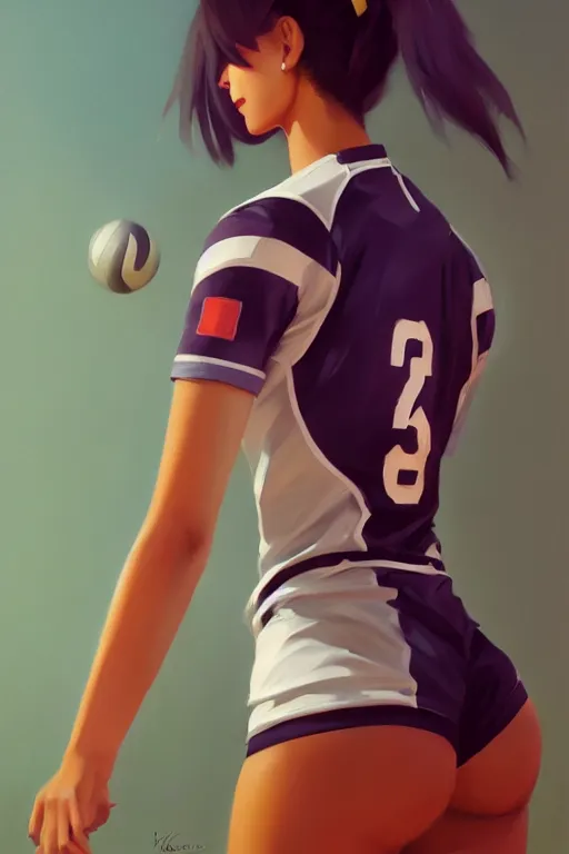 Image similar to A ultradetailed beautiful panting of a stylish woman wearing a volleyball jersey, Oil painting, by Ilya Kuvshinov, Greg Rutkowski and Makoto Shinkai