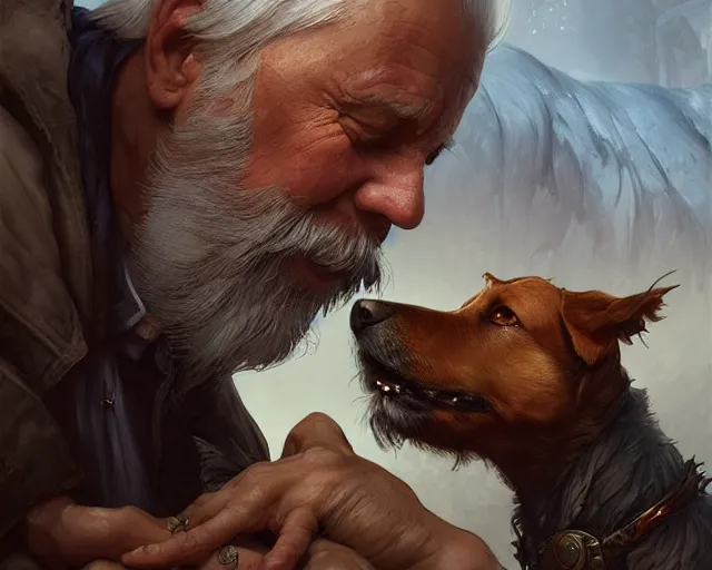 Image similar to old man hugging an old dog, deep focus, d & d, fantasy, intricate, elegant, highly detailed, digital painting, artstation, concept art, matte, sharp focus, illustration, hearthstone, art by artgerm and greg rutkowski and alphonse mucha