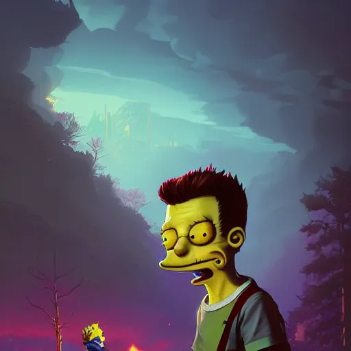 Image similar to highly detailed portrait bart simpson, in gta v, stephen bliss, unreal engine, fantasy art by greg rutkowski, loish, rhads, ferdinand knab, makoto shinkai and lois van baarle, ilya kuvshinov, rossdraws, tom bagshaw, global illumination, radiant light, detailed and intricate environment