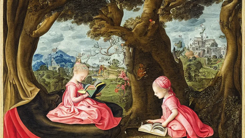 Image similar to a man reading a book to a little girl, by maria sibylla merian, satellite imagery, telephoto, hyperdimensional, screen space reflections