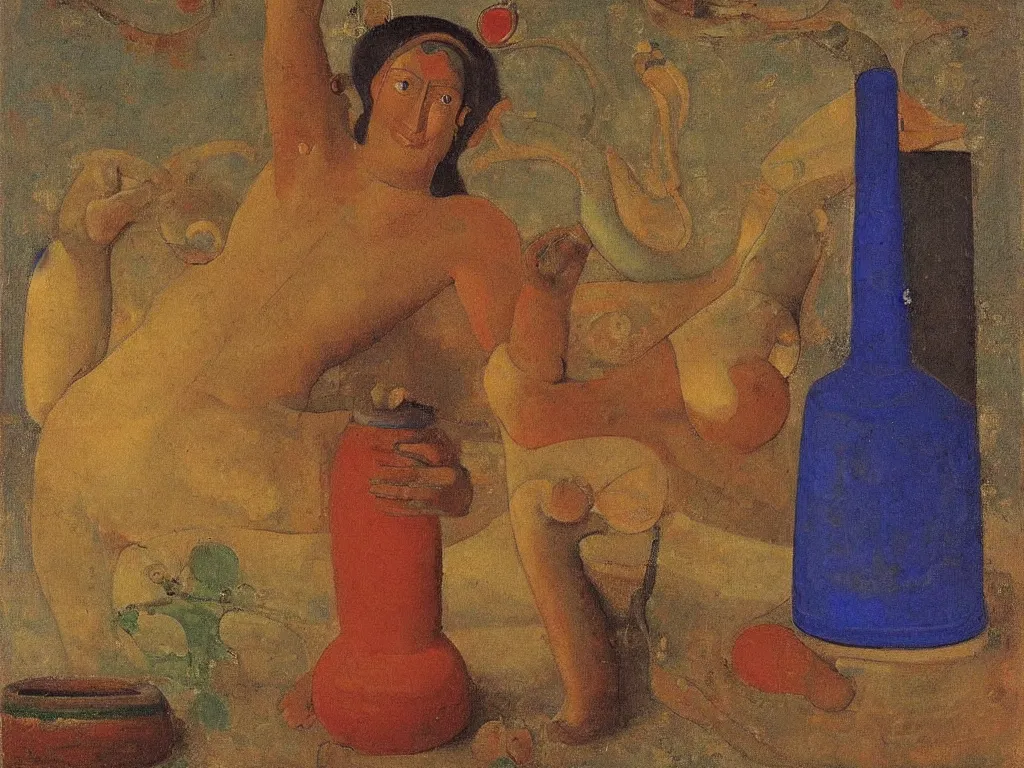 Image similar to Portrait of a Tantric deity with amphora. Lapis Lazuli, malachite, cinnabar. Painting by Balthus, Morandi