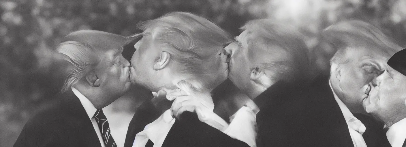 Image similar to beautiful high quality romantic portrait photo of donald trump kissing donald trump. hq. hdr. golden hour. donald trump and donald trump kissing on the lips. very high resolution. amazing lighting.