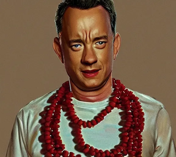 Prompt: Tom hanks as forrest gump wearing a necklace made out of shrimps around the neck, realistic face, digital art, in the style of Raphael Lacoste, amazing detail, artstation