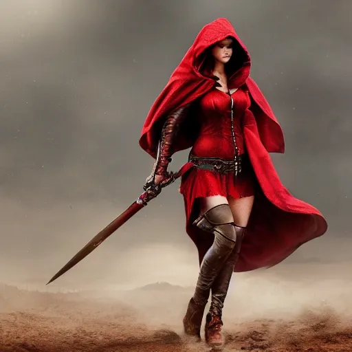 Prompt: full body photo red riding hood kate upton armoured warrior, highly detailed, 4k, HDR, award-winning photo