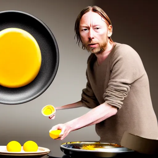 Image similar to thom yorke as egg yolk while cooking on a pan, thom yorke is made of egg yolk he is egg yolk, realistic, hyperrealistic, ultra realistic, real, real world, highly detailed, very detailed, extremely detailed, intricate details, 8 k resolution, hd quality