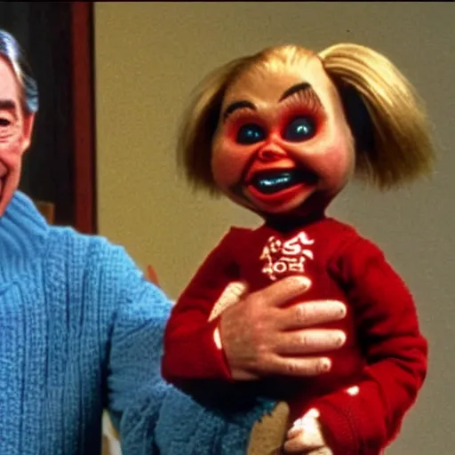 Prompt: Mr. Rogers holding Chucky the killer doll from the movie Child's Play