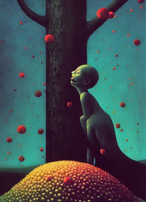 Image similar to She Eats Joyfully of the Suffocating Fruit and Her spiderlike gossamer glistening polyp blossoms bring iridescent fungal flowers whose spores black the foolish glaring stars Edward Hopper and James Gilleard, Zdzislaw Beksinski, Mark Ryden, Wolfgang Lettl highly detailed