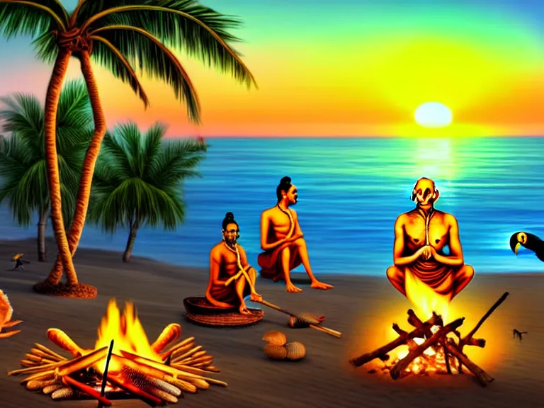 Image similar to gandhi sitting on a beach next to a campfire with palm trees in the back, holding a cigar, sunset, surrounded by different animals, parrots, turtle, lizard, crab, coconuts,, glorious lighting, epic environment, highly detailed, digital art, hyper realistic, beautiful, 8 k, trending on deviantart