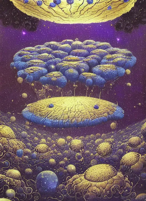 Image similar to detailed, intricate blue black and purple papaverum flower on the field, nebula, galaxy in the sky, winning award masterpiece, fantastically beautiful, illustration, aestheticly inspired, jacek yerka, upscale with anguissola sofonisba work, artstation, 8 k