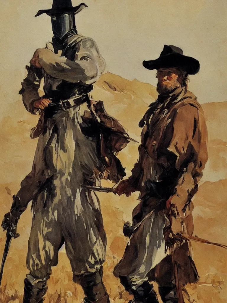 Image similar to a filmmaker cowboy dressed in ned kelly iron chicken armour, character design painted by sorolla and anders zorn