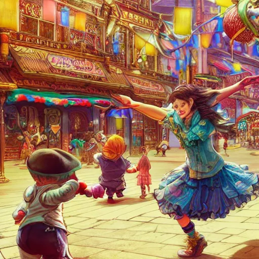 Image similar to a churro dancing away from a chubby kid that's trying to eat it at a carnival, an ultrafine hyperdetailed illustration by kim jung gi, irakli nadar, intricate linework, bright colors, octopath traveler, final fantasy, unreal engine 5 highly rendered, global illumination, radiant light, detailed and intricate environment