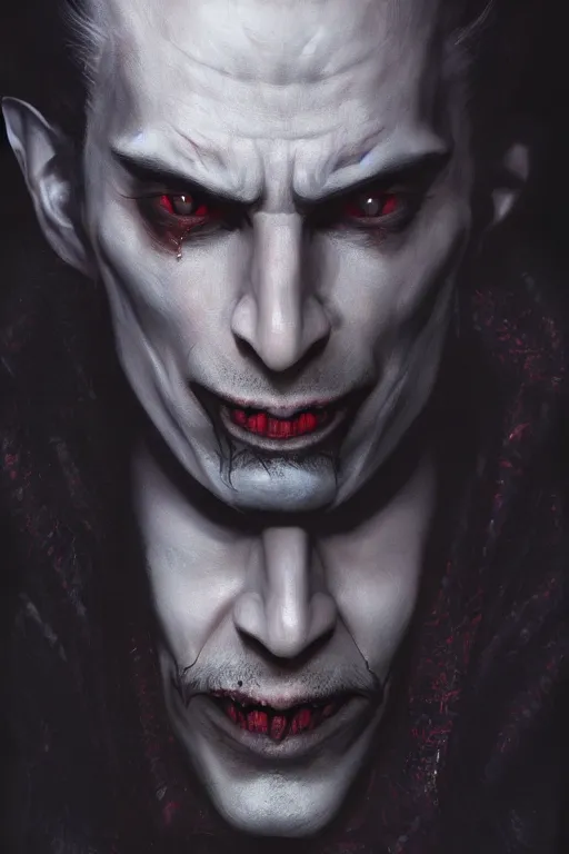 Prompt: Photorealistic Portrait of the Lord of Shadows, Dracula by Ayami Kojima and Ewelina Kowalczyk, Realism, CGI Render, Path Tracing, Subsurface Scattering, Global Illumination