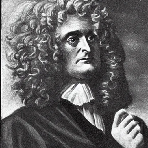 Image similar to a close - up old black and white photo, 1 9 1 3, depicting isaac newton wearing a big wig fighting gottfried leibnitz wearing a big wig in the streets of paris, rule of thirds, historical record