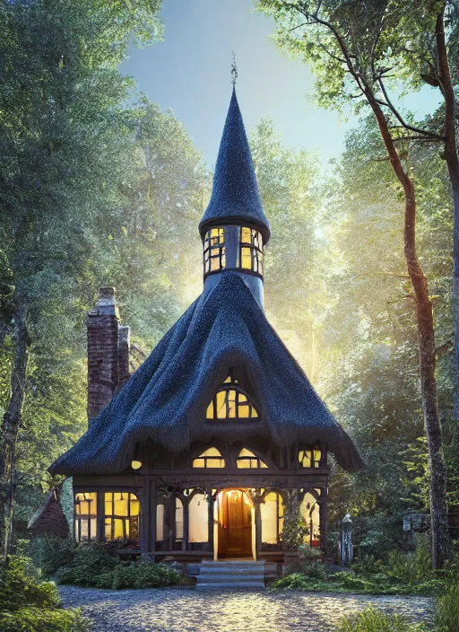 Image similar to hyper realistic homely ornate witch cottage architectural, in the woods gorgeous lighting, blue sky, highly detailed, lush forest architectural render, octane render, ue 5 raytraced