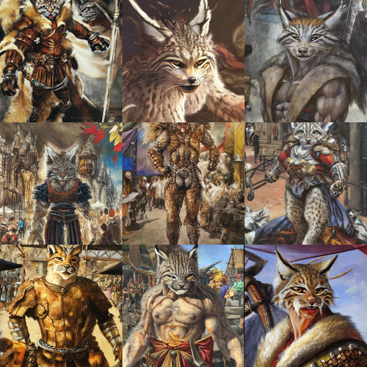 Prompt: 8k Yoshitaka Amano oil painting of upper body of a young cool looking lynx beast-man with white mane at a medieval market at windy day. Depth of field. He is wearing complex fantasy armors. He has huge paws. Renaissance style lighting.
