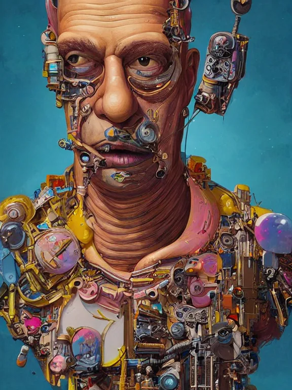 Image similar to art portrait of Homer Simpson,8k,by tristan eaton,Stanley Artgermm,Tom Bagshaw,Greg Rutkowski,Carne Griffiths,trending on DeviantArt,face enhance,hyper detailed,minimalist,cybernetic, android, blade runner,full of colour,