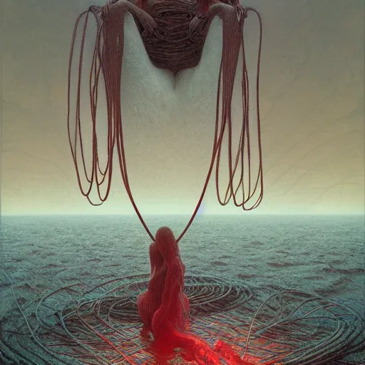 Image similar to portrait, standing in a lake, woman wrapped around by tubes and cables, cult, glowing red, by edgar maxence and ross tran, zdzisław beksinski, and michael whelan, distant, gustav dore, h. r. giger, 8 k, octane render