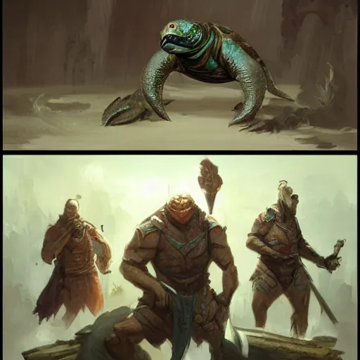 Image similar to anthropomorphic turtle hero, greg rutkowski