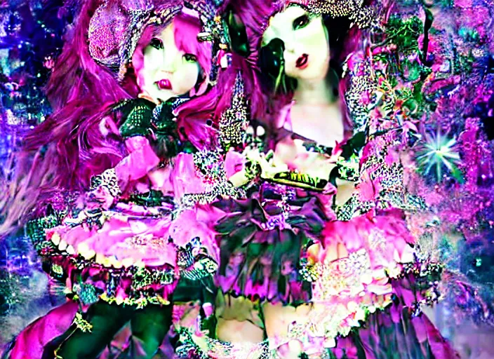 Image similar to baroque bedazzled gothic royalty frames surrounding a pixelsort emo demonic horrorcore japanese beautiful fairy kei doll, sharpened early computer graphics, remastered chromatic aberration