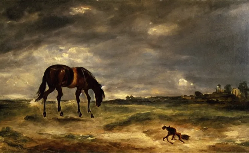 Prompt: oil painting by delacroix of a horse frightened by a thunderstorm.