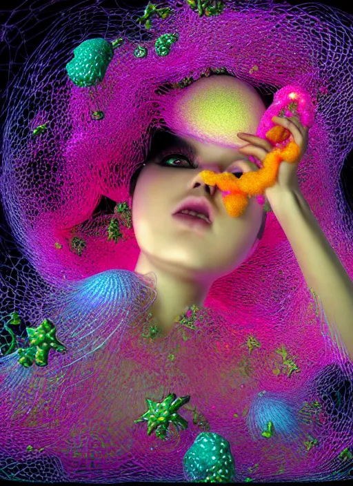 Image similar to hyper detailed 3d render like a Oil painting - kawaii Aurora (Singer) seen Eating of the Strangling network of yellowcake aerochrome and milky Fruit and Her delicate Hands hold of gossamer polyp blossoms bring iridescent fungal flowers whose spores black the foolish stars by Jacek Yerka, Mariusz Lewandowski, Houdini algorithmic generative render, Abstract brush strokes, Masterpiece, Edward Hopper and James Gilleard, Zdzislaw Beksinski, Mark Ryden, Wolfgang Lettl, hints of Yayoi Kasuma, octane render, 8k