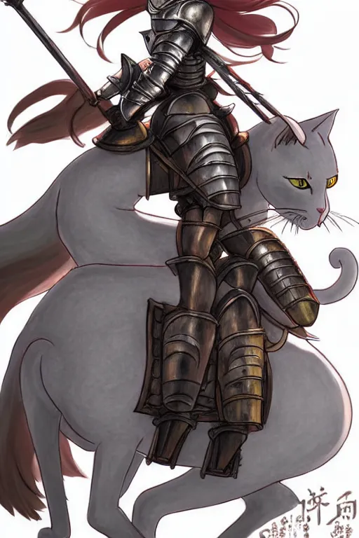 Prompt: a full body of the female knight riding a heavy armored giant cat, finely detailed features, closeup at the faces, perfect art, gapmoe yandere grimdark, trending on pixiv fanbox, painted by studio ghibli, akihiko yoshida
