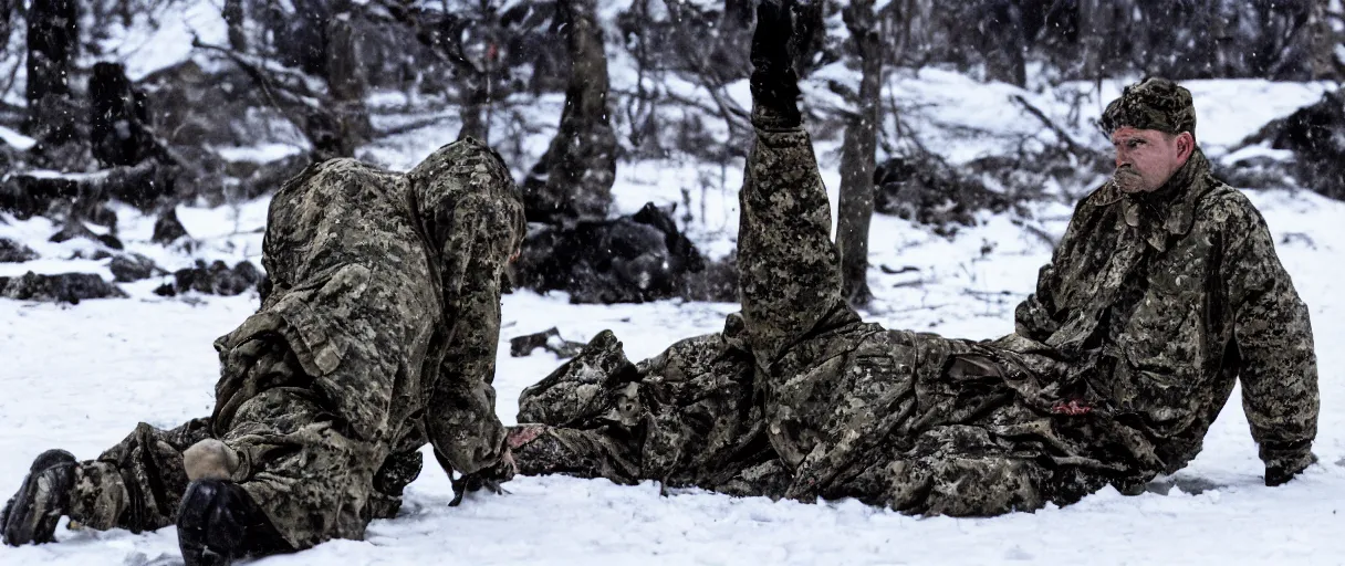 Image similar to filmic closeup semi symmetrical dutch angle movie still 4k UHD 35mm film color photograph of a man wearing military camo kneeling in the snow trying to hold in his internal organs that are spilling out after being eviscerated, his wound is gushing blood onto the snow at night time, dimly lit antarctica