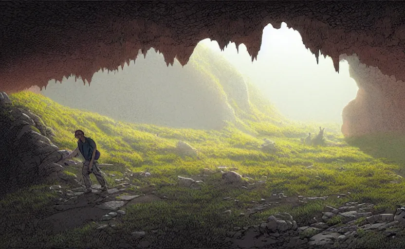 Prompt: natural cave, dynamic light, some old objects on the ground, mist low over ground, illustration by james gurney and josan gonzales, clean line