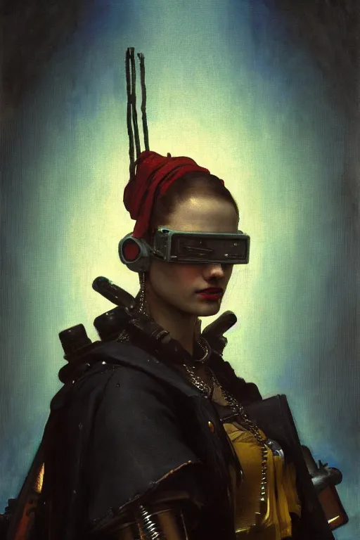 Image similar to full character portrait max mad cyberpunk warhammer 4 0 k, tech priest medic not the girl with the pearl earring character design, painting by gaston bussiere, katsuya terada, wyeth, greg rutkowski, craig mullins, ( ( ( ( ( vermeer ) ) ) ) ), frank frazetta, mucha, tom of finland, trending on artstation