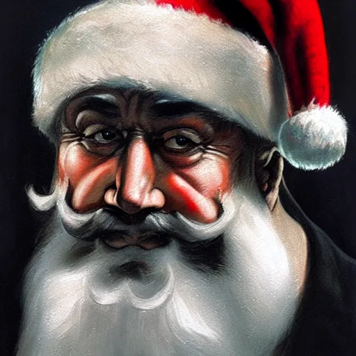 Image similar to an ultra - realistic portrait painting of santa claus in the style of frank frazetta. 4 k. ultra - realistic. highly detailed. dark fantasy. epic lighting.