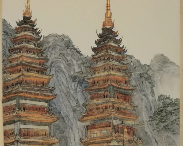 Image similar to twin buddhist pagodas made of stone, in landscape, traditional chinese watercolor,