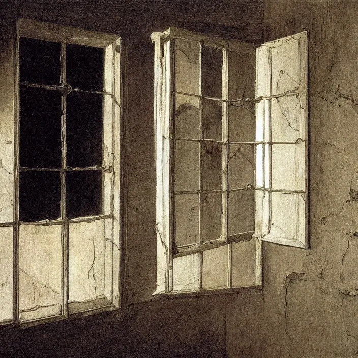 Image similar to painting of a broken window with the bloody hand of a female ghost by caspar david friedrich