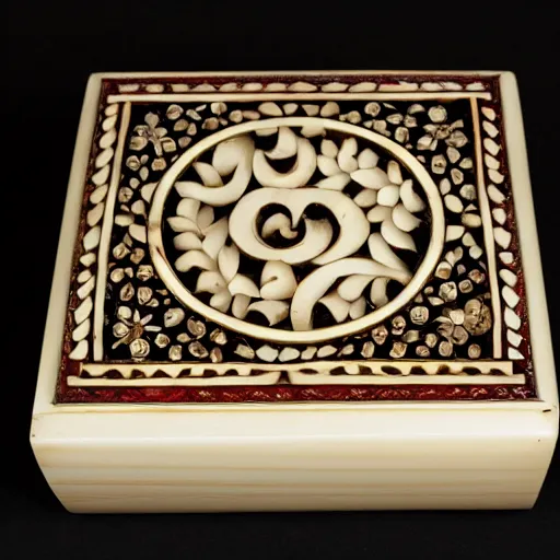 Prompt: carved ivory box with inlaid rubies, studio photography, black background