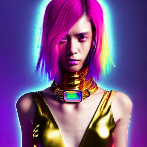 Image similar to hyperdetailed portrait of a stunningly beautiful cyberpunk girlfriend androgynous wizard made of iridescent metals and shiny pink gems, bright rainbow nimbus, gold necklace, gold background inspired by ross tran and masamune shirow and kuvshinov, intricate, photorealistic, octane render, rtx, hdr, unreal engine, dnd digital art by artgerm
