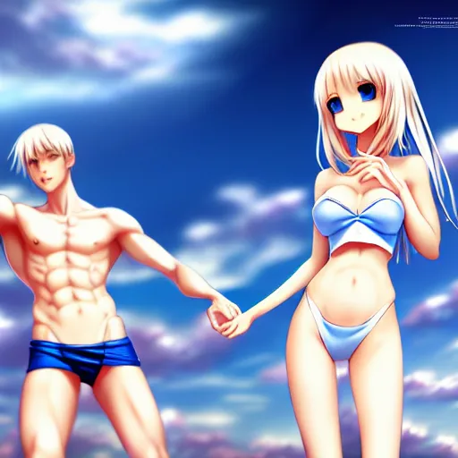 Image similar to tiny father a tall daughter picture : a very beautiful young blond macro anime girl with a tiny father, sky blue eyes, bikini, white miniskirt, highly detailed, cinematic wallpaper by stanley artgerm lau