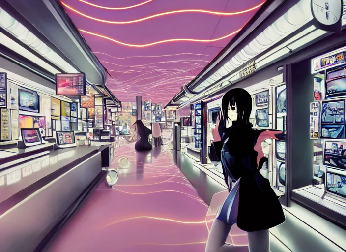 Prompt: lomography, anime, portrait of a young woman in a samsung shop interior shopping, glowing, haruhiko mikimoto, hisashi eguchi, lodoss, dynamic pose and perspective, dramatic lighting, detailed facial features, rounded eyes, sharpened image, yoshinari yoh
