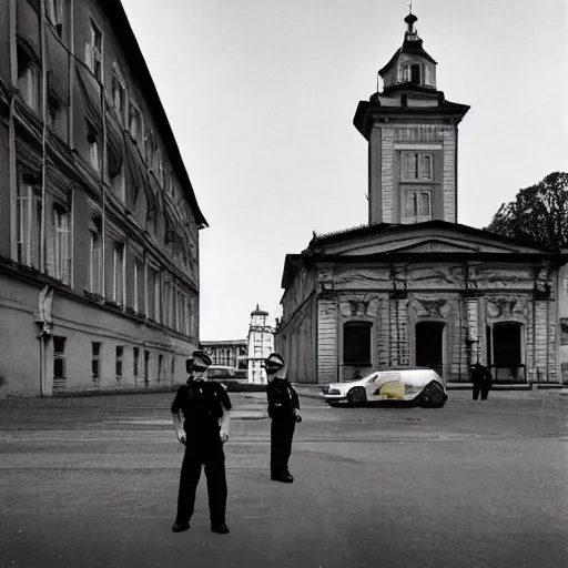 Prompt: The body art depicts a police station in the Lithuanian city of Vilnius. In the foreground, a group of policemen are standing in front of the building, while in the background a busy street can be seen. solarised by Zdzislaw Beksinski, by Fang Lijun