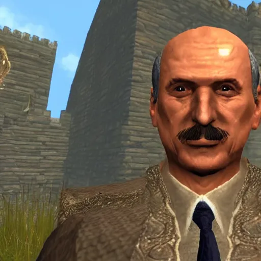 Image similar to Alexander Lukashenko wearing a suit and tie in Balmora in Elder Scrolls III: Morrowind, outdated 2002 Morrowind graphics, low definition, lowpoly