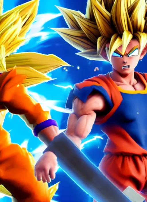 Image similar to game still of super sayan goku as a fortnite skin in fortnite.